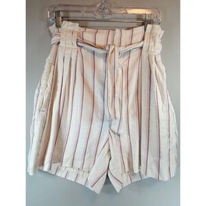 Anthropologie Linen Blend Striped Paperbag Shorts Pink Tan High Waist Womens 8